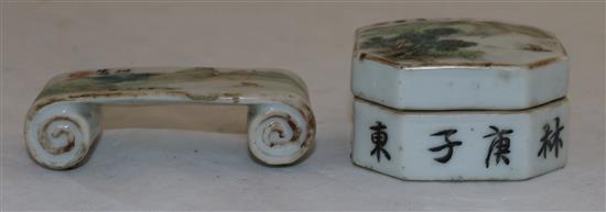 A Chinese enamelled porcelain brush rest and a similar box and cover, c.1885-1910, width 8.5 and 6cm, gilt worn